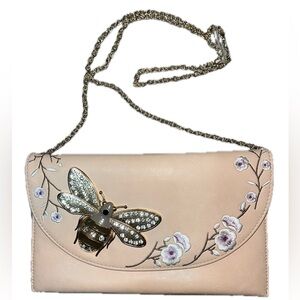 Floral Embroidered Goldtone Rhinestone Bee Purse Clutch, Chain Strap, Light Pink